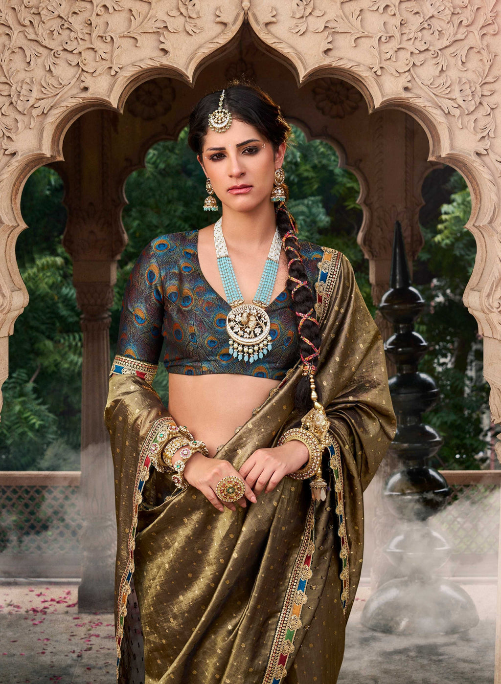 Anaita Designer Dark Mehendi Weaving Soft Tissue Silk Saree With Designer Blouse | Grocsy