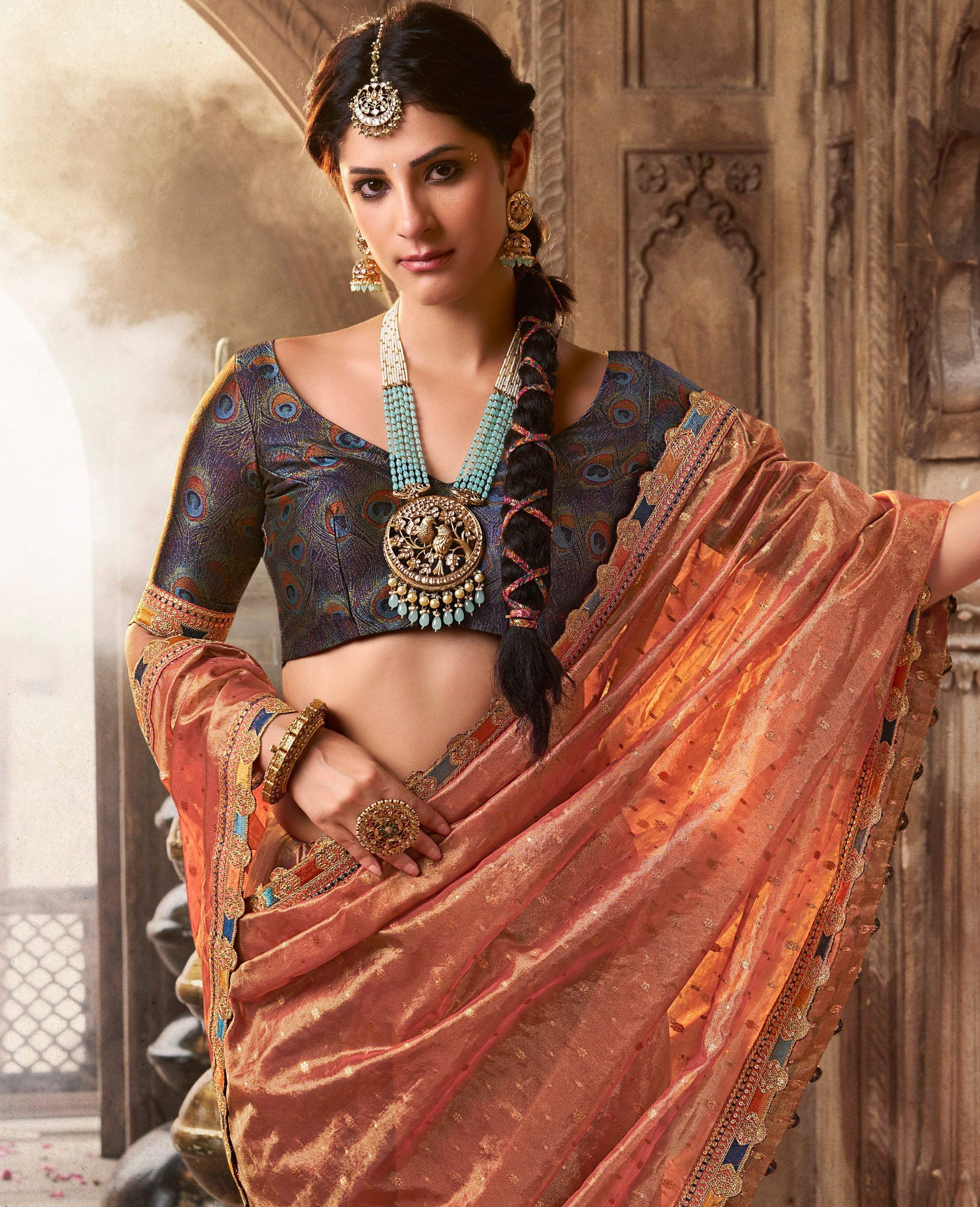 Anaita Designer Orange Weaving Soft Tissue Silk Saree With Designer Blouse | Grocsy