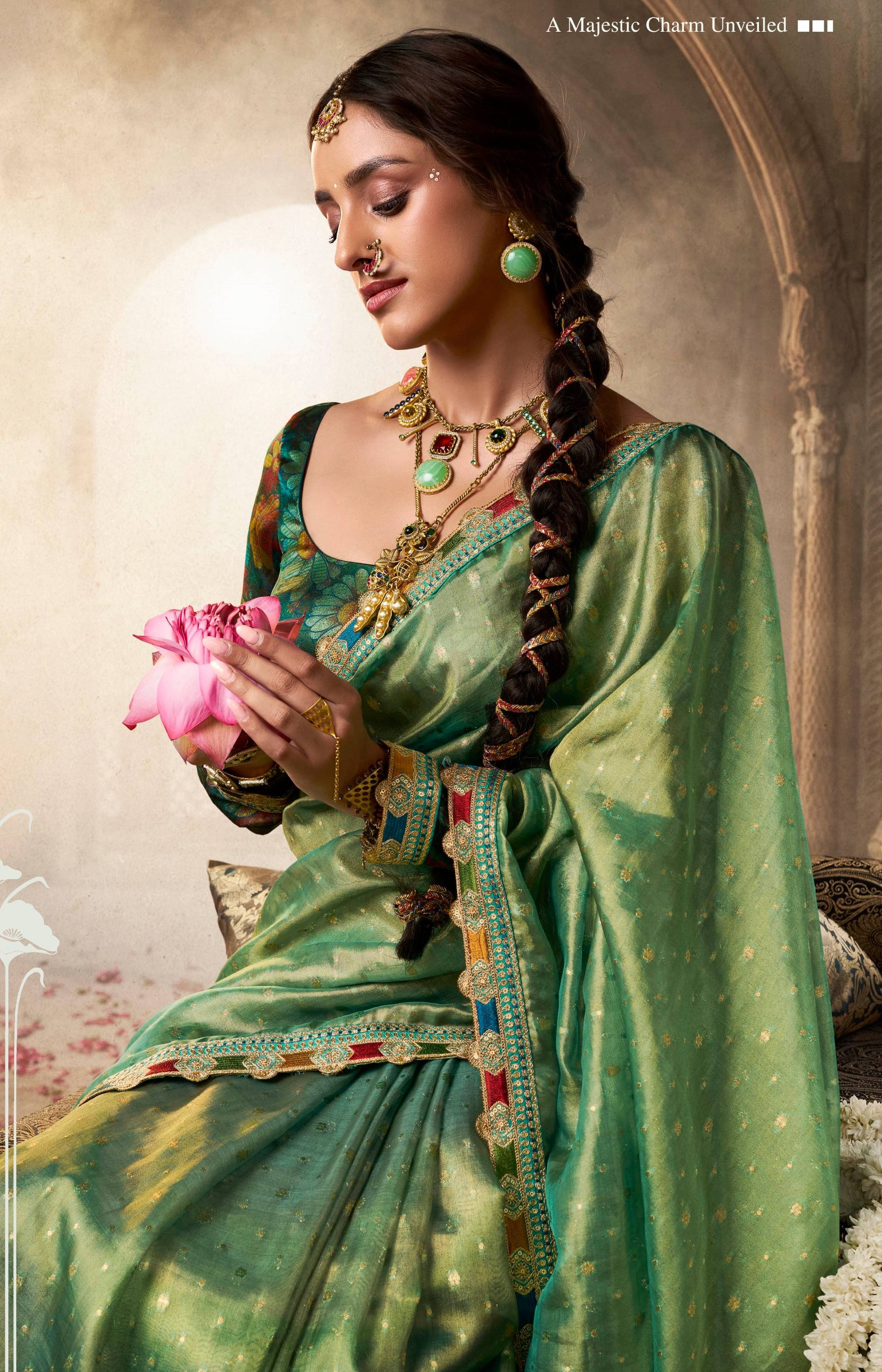 Anaita Designer Green Weaving Soft Tissue Silk Saree With Designer Blouse | Grocsy