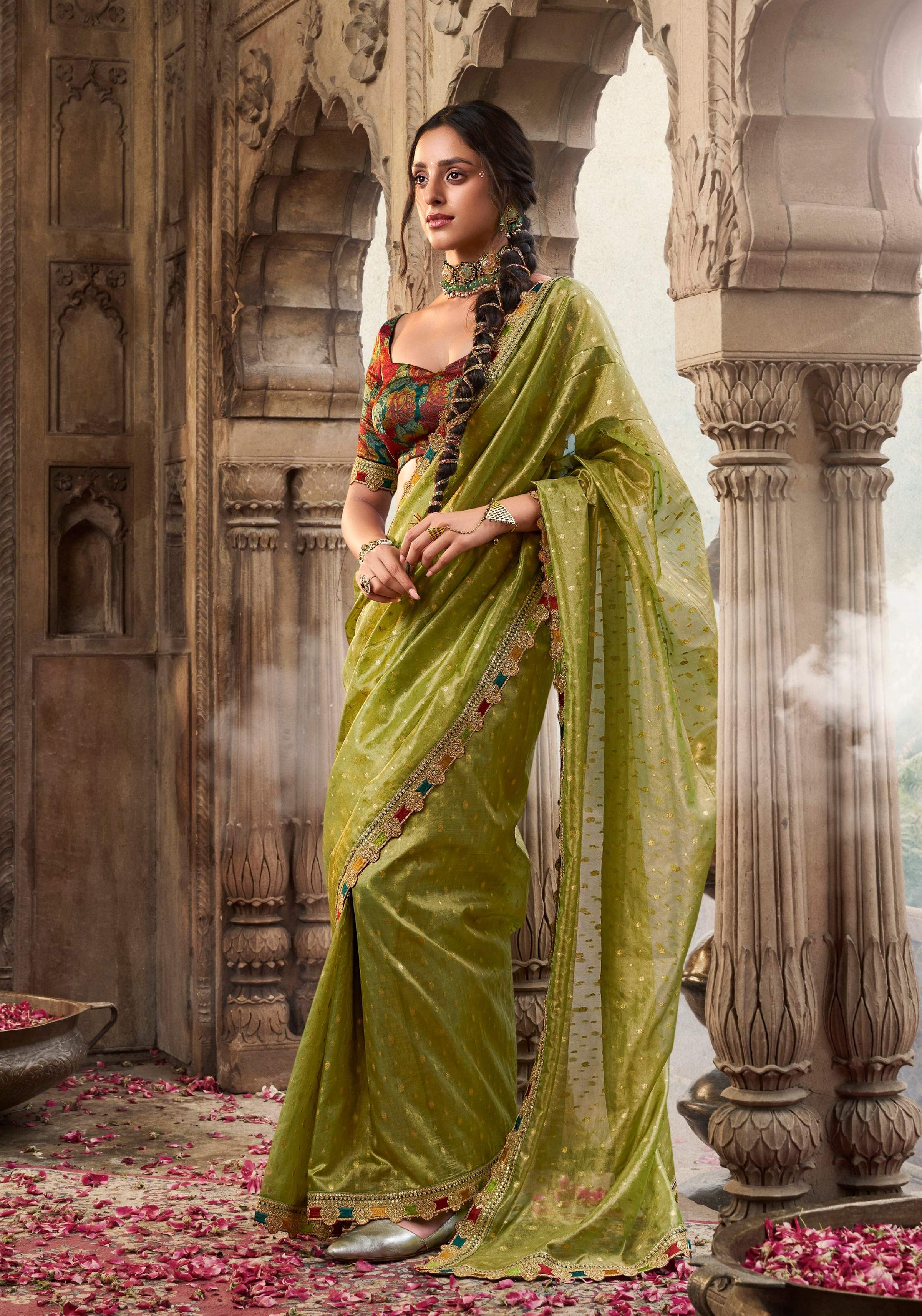 Anaita Designer Light Green Weaving Soft Tissue Silk Saree With Designer Blouse | Grocsy
