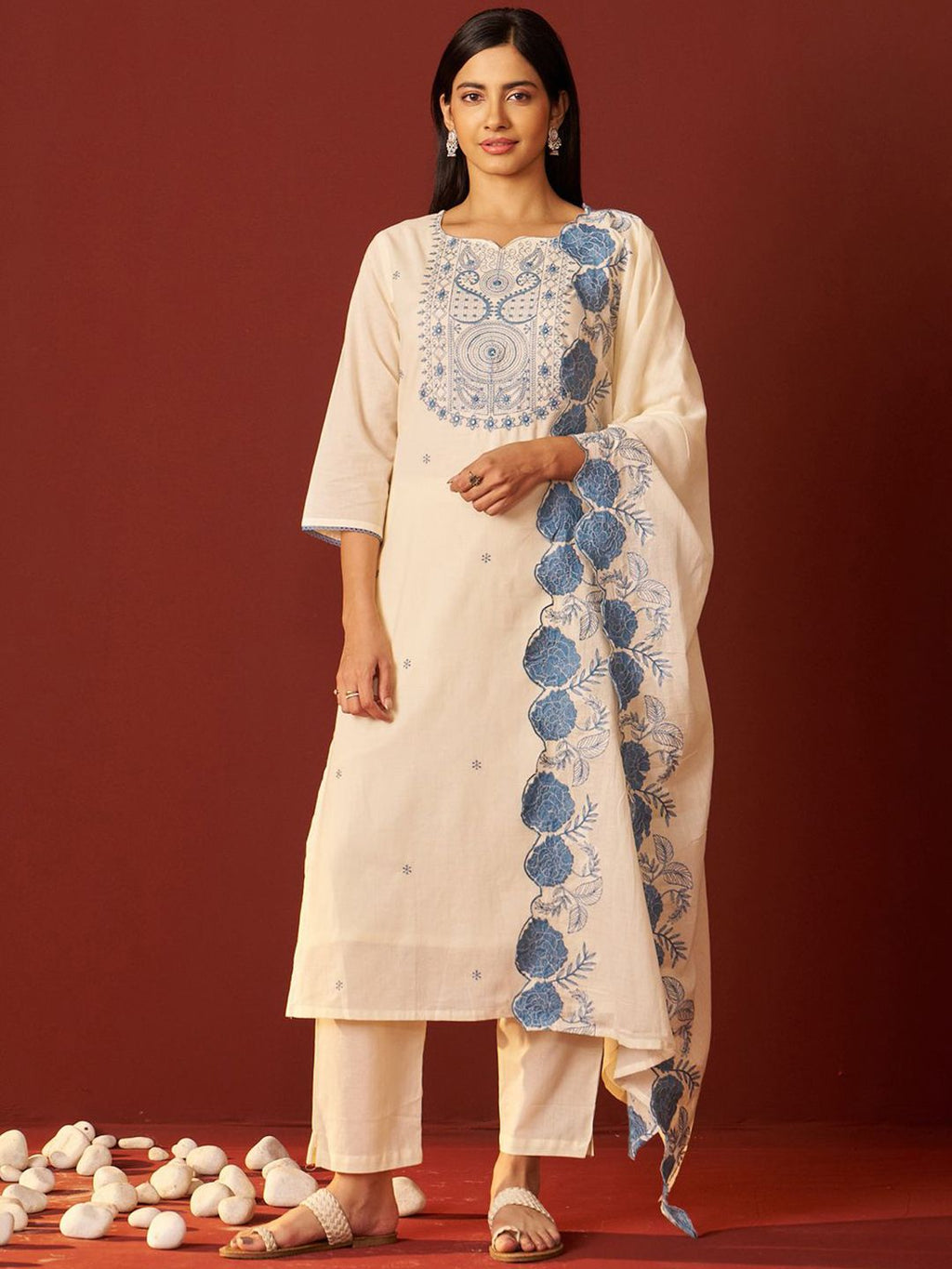 Indo Era Paisley Embroidered Thread Work Pure Cotton Kurta With Trousers And Dupatta | Grocsy