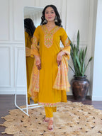The52 Beautiful Women's Thread work Viscose Fabric Straight Kurta, Pant and Dupatta Set | Grocsy