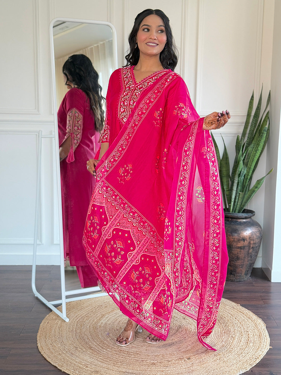 The52 Beautiful Women's Thread work Viscose Fabric Straight Kurta, Pant and Dupatta Set | Grocsy