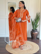 The52 Beautiful Women's Thread work Viscose Fabric Straight Kurta, Pant and Dupatta Set | Grocsy