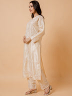 HOUSE OF KARI Floral Embroidered Silk Chikankari Kurta | Grocsy