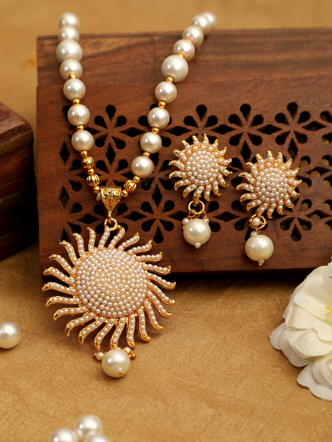 Gold-Polished Alloy Pearl Sun Shape Pendant Set - The Pari | Grocsy