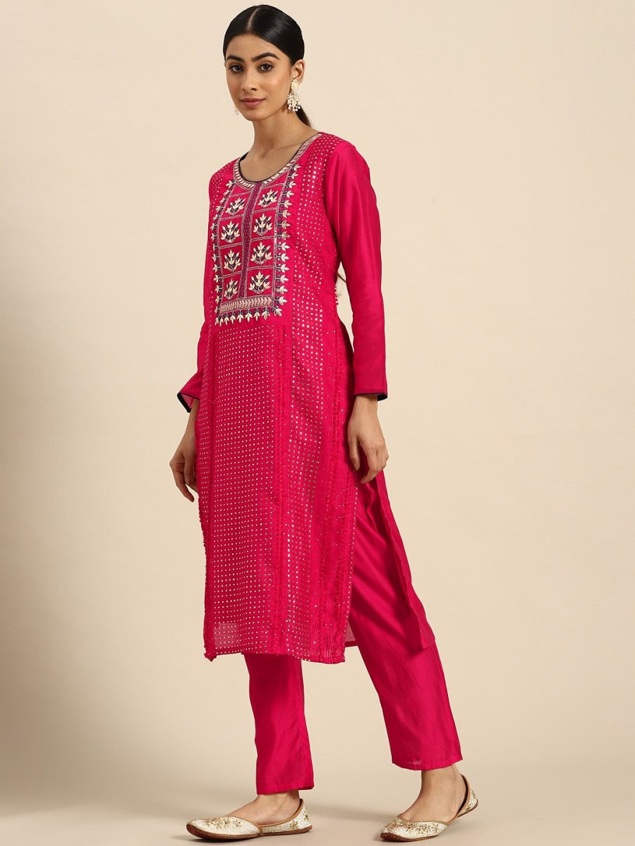 All About You Ethnic Motifs Embroidered Chanderi Silk Kurta with Trousers & With Dupatta | Grocsy