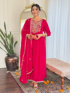 The52 Women's Red Thread work Vichitra Silk Fabric Straight Kurta, Pant and Dupatta Set | Grocsy