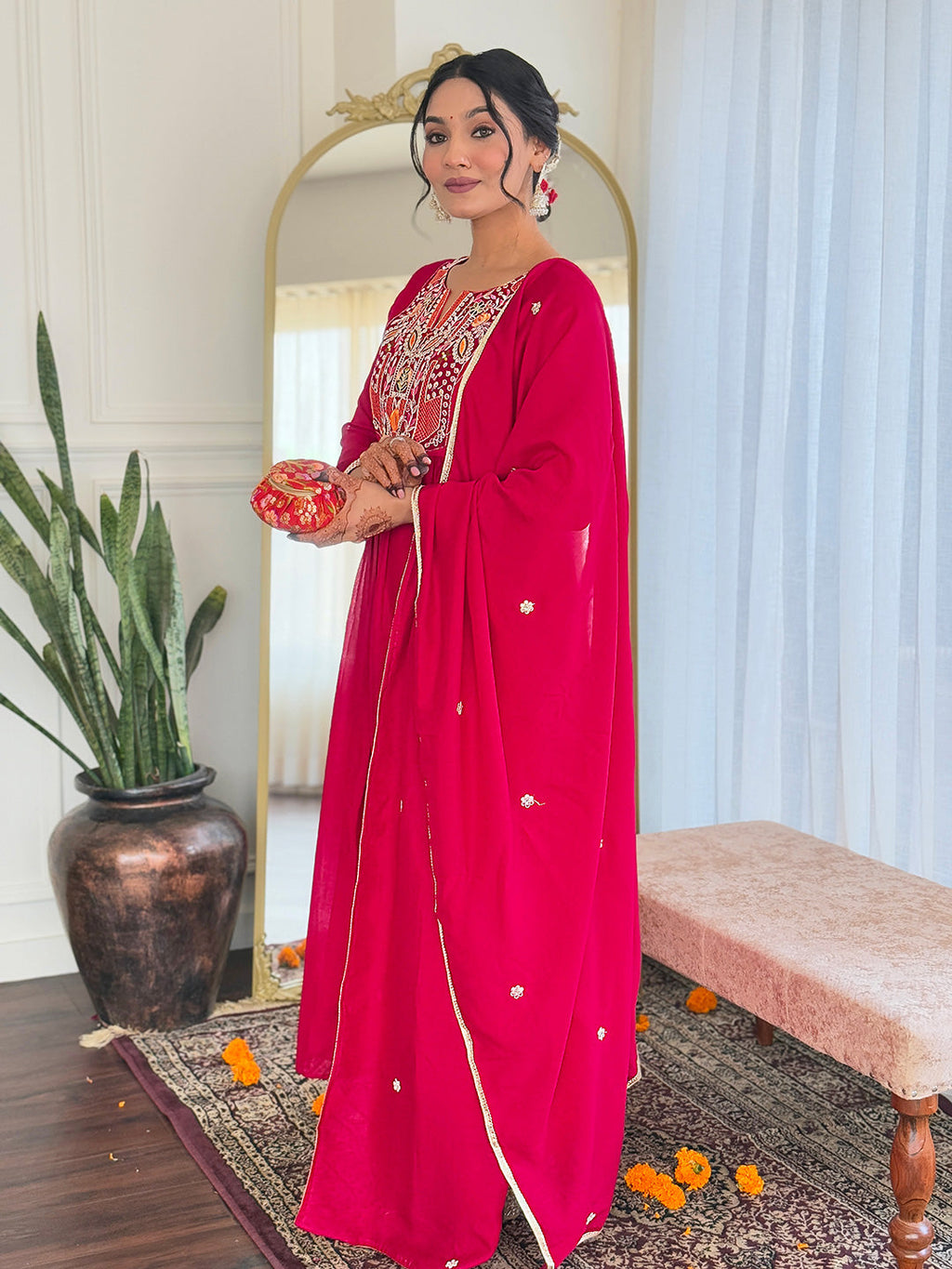 The52 Women's Red Thread work Vichitra Silk Fabric Straight Kurta, Pant and Dupatta Set | Grocsy