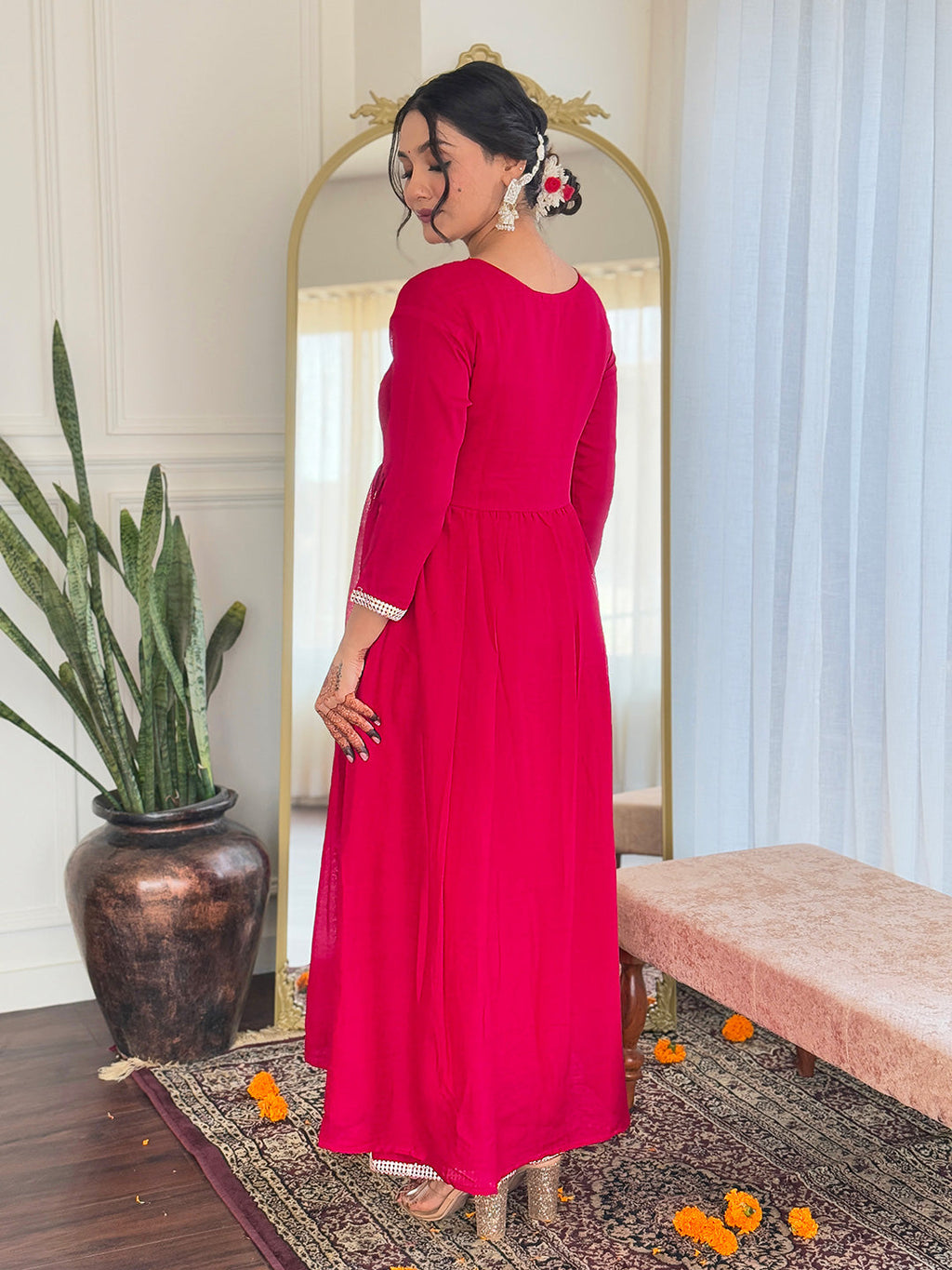 The52 Women's Red Thread work Vichitra Silk Fabric Straight Kurta, Pant and Dupatta Set | Grocsy