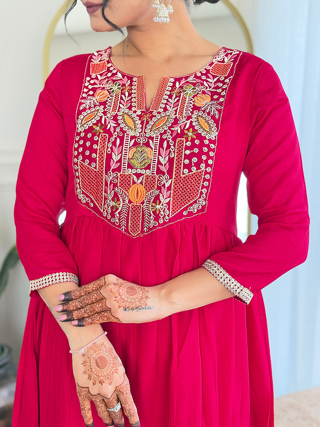 The52 Women's Red Thread work Vichitra Silk Fabric Straight Kurta, Pant and Dupatta Set | Grocsy