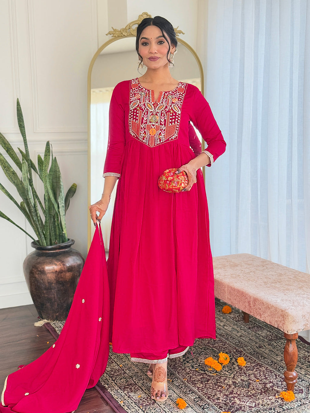 The52 Women's Red Thread work Vichitra Silk Fabric Straight Kurta, Pant and Dupatta Set | Grocsy