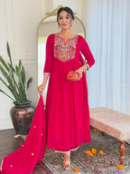 The52 Women's Red Thread work Vichitra Silk Fabric Straight Kurta, Pant and Dupatta Set | Grocsy