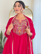 The52 Women's Red Thread work Vichitra Silk Fabric Straight Kurta, Pant and Dupatta Set | Grocsy