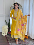 The52 Women's Beautiful Art Silk Embroidered Flared Kurta with Pant And Dupatta Set | Grocsy