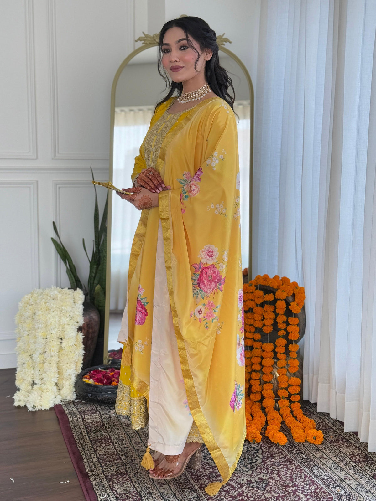 The52 Women's Beautiful Art Silk Embroidered Flared Kurta with Pant And Dupatta Set | Grocsy