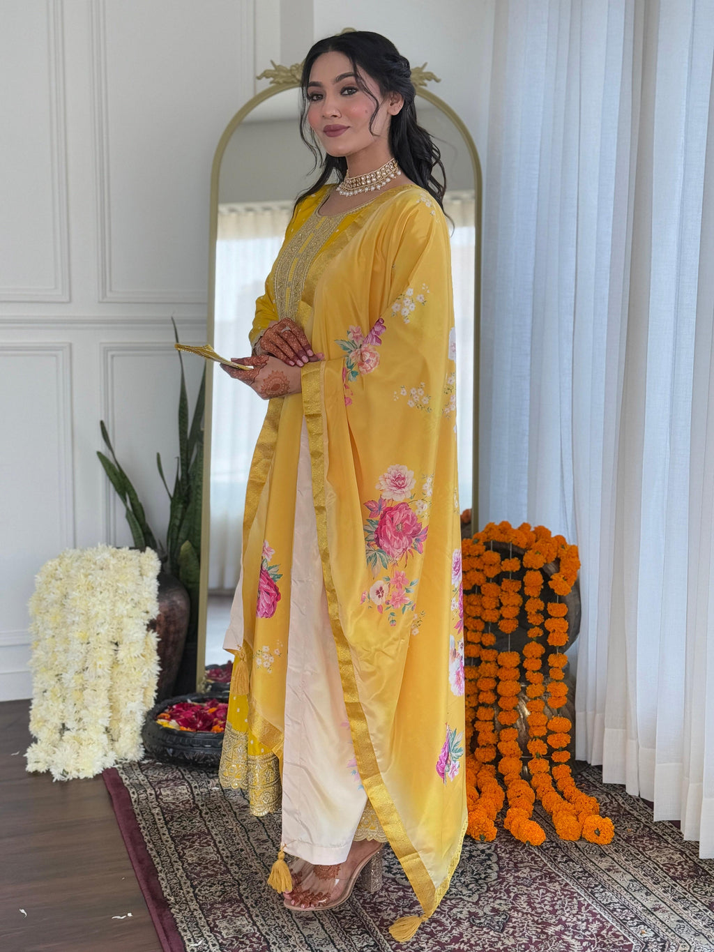 The52 Women's Beautiful Art Silk Embroidered Flared Kurta with Pant And Dupatta Set | Grocsy