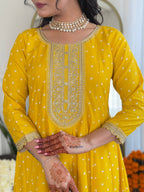 The52 Women's Beautiful Art Silk Embroidered Flared Kurta with Pant And Dupatta Set | Grocsy