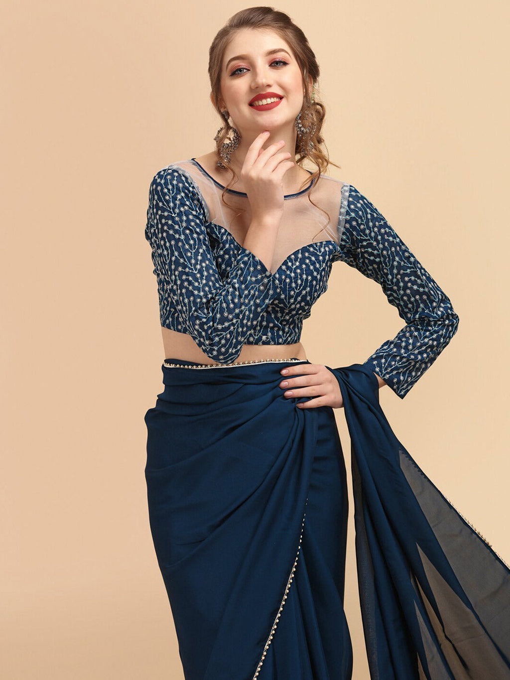Sangria Satin Saree With Beads & Stones Embellished Border | Grocsy