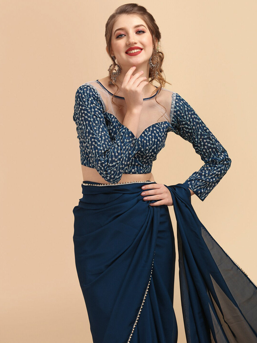 Sangria Satin Saree With Beads & Stones Embellished Border | Grocsy