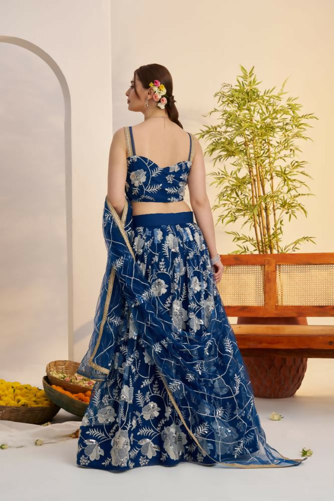 Aastha Fashion More Peach Blue Butterfly Net White Cotton Thread Work And Sequence Work Embroidery Wedding Wear Lehenga Choli | Grocsy