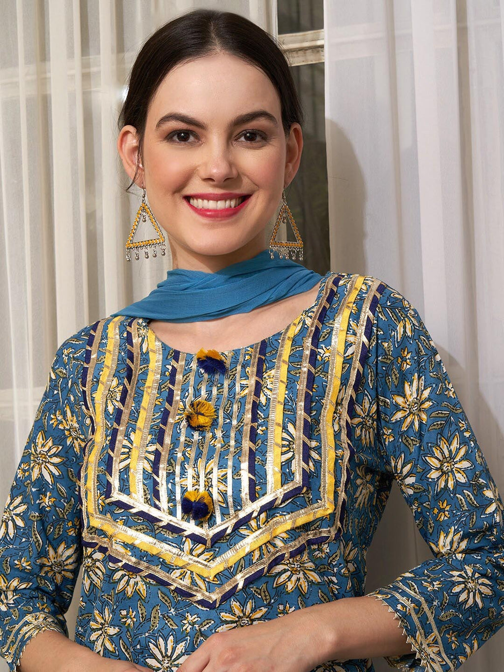 Sangria Blue Ethnic Motifs Printed Cotton Kurta with Trousers & Dupatta | Grocsy