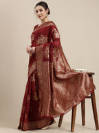 Saree Mall Maroon Floral Linen Blend Banarasi Saree | Grocsy