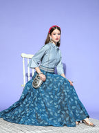 InWeave Blue & Grey Chanderi Skirt Fusion Set | Grocsy