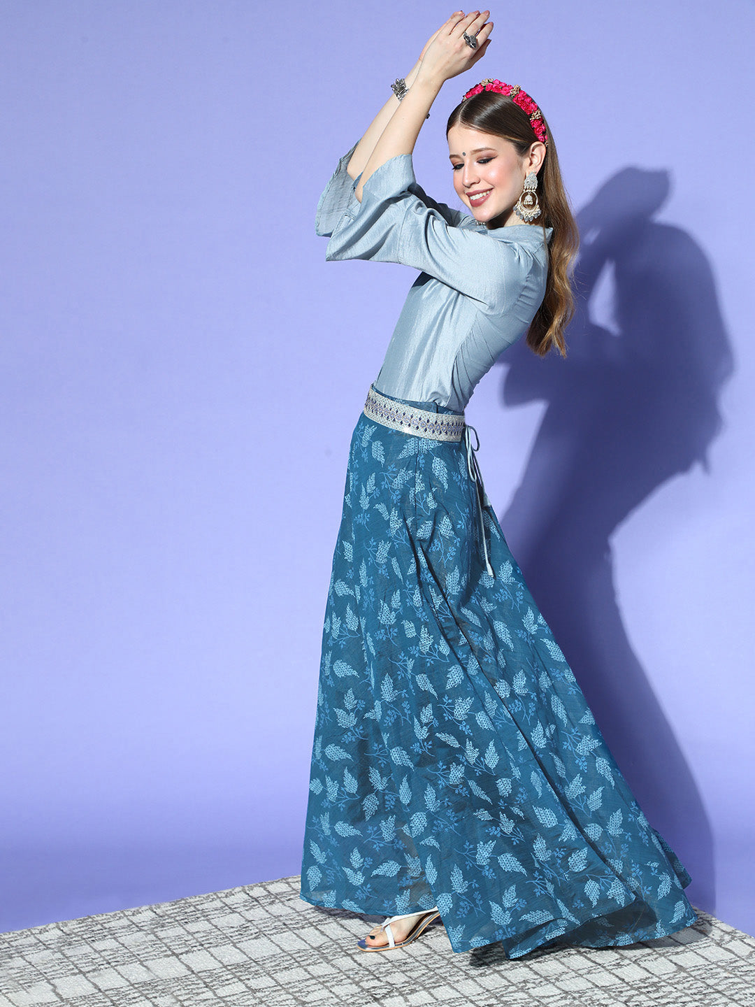 InWeave Blue & Grey Chanderi Skirt Fusion Set | Grocsy