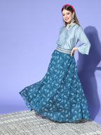 InWeave Blue & Grey Chanderi Skirt Fusion Set | Grocsy