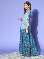 InWeave Blue & Grey Chanderi Skirt Fusion Set | Grocsy