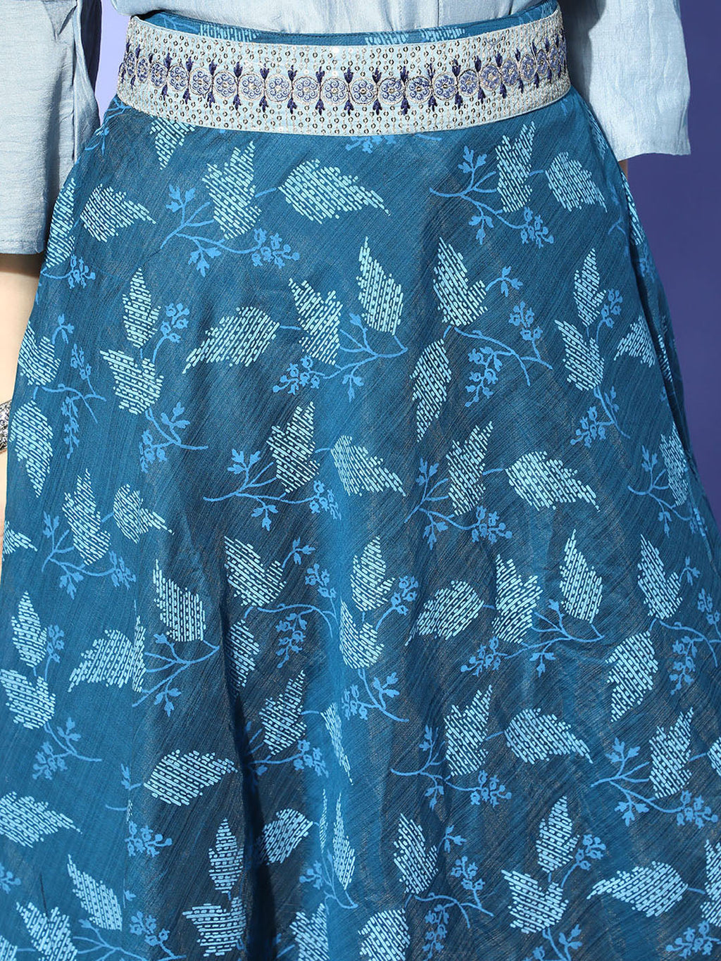 InWeave Blue & Grey Chanderi Skirt Fusion Set | Grocsy
