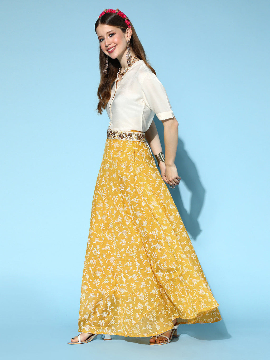 InWeave Yellow & White Chanderi Skirt Fusion Set | Grocsy