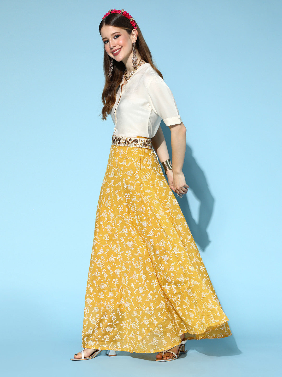 InWeave Yellow & White Chanderi Skirt Fusion Set | Grocsy