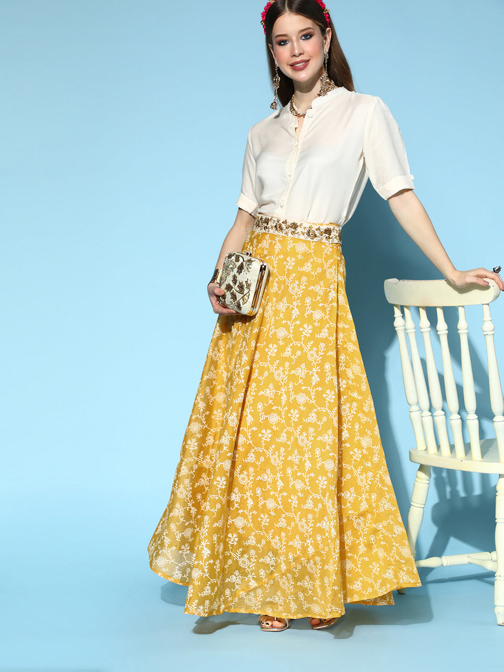 InWeave Yellow & White Chanderi Skirt Fusion Set | Grocsy