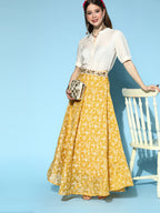 InWeave Yellow & White Chanderi Skirt Fusion Set | Grocsy
