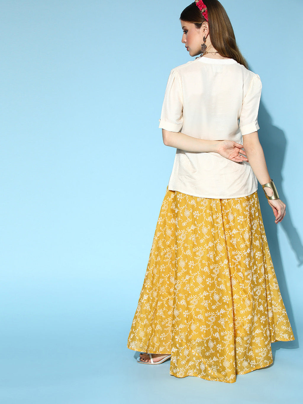 InWeave Yellow & White Chanderi Skirt Fusion Set | Grocsy
