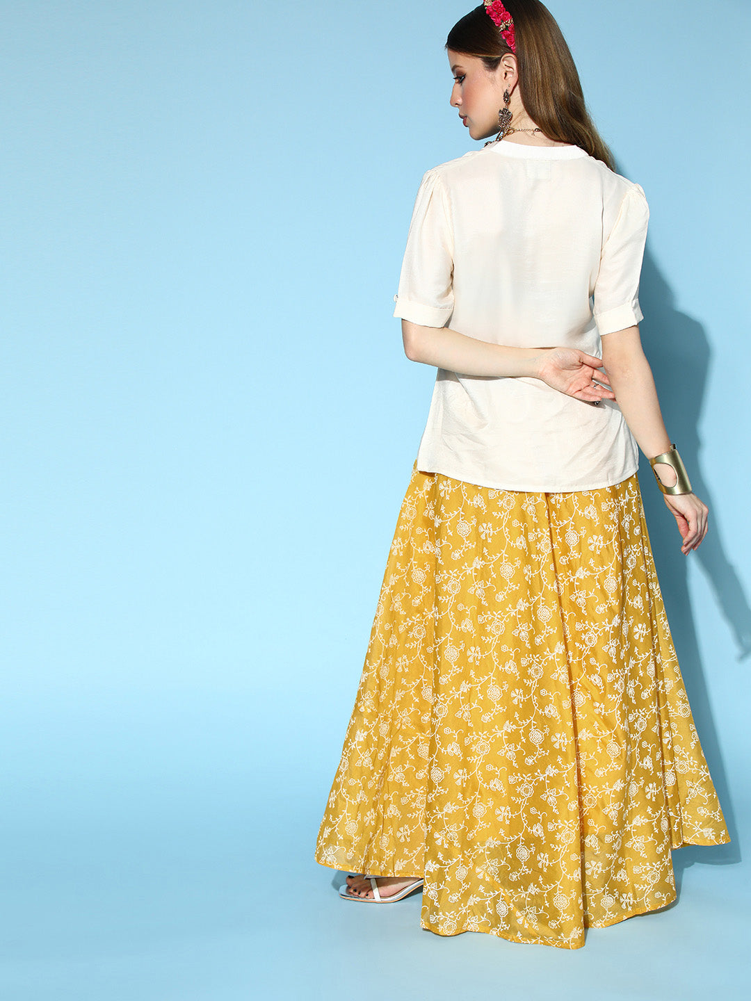InWeave Yellow & White Chanderi Skirt Fusion Set | Grocsy