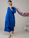 InWeave Ink Blue V Neck Flared Kurta Grey Dupatta Set | Grocsy