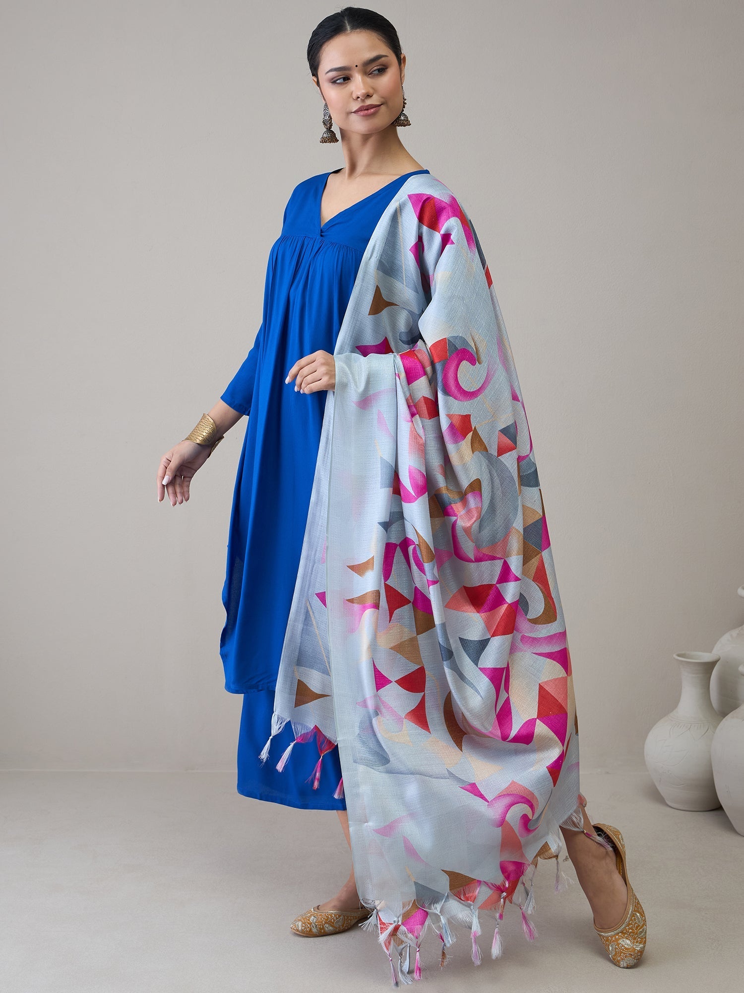 InWeave Ink Blue V Neck Flared Kurta Grey Dupatta Set | Grocsy