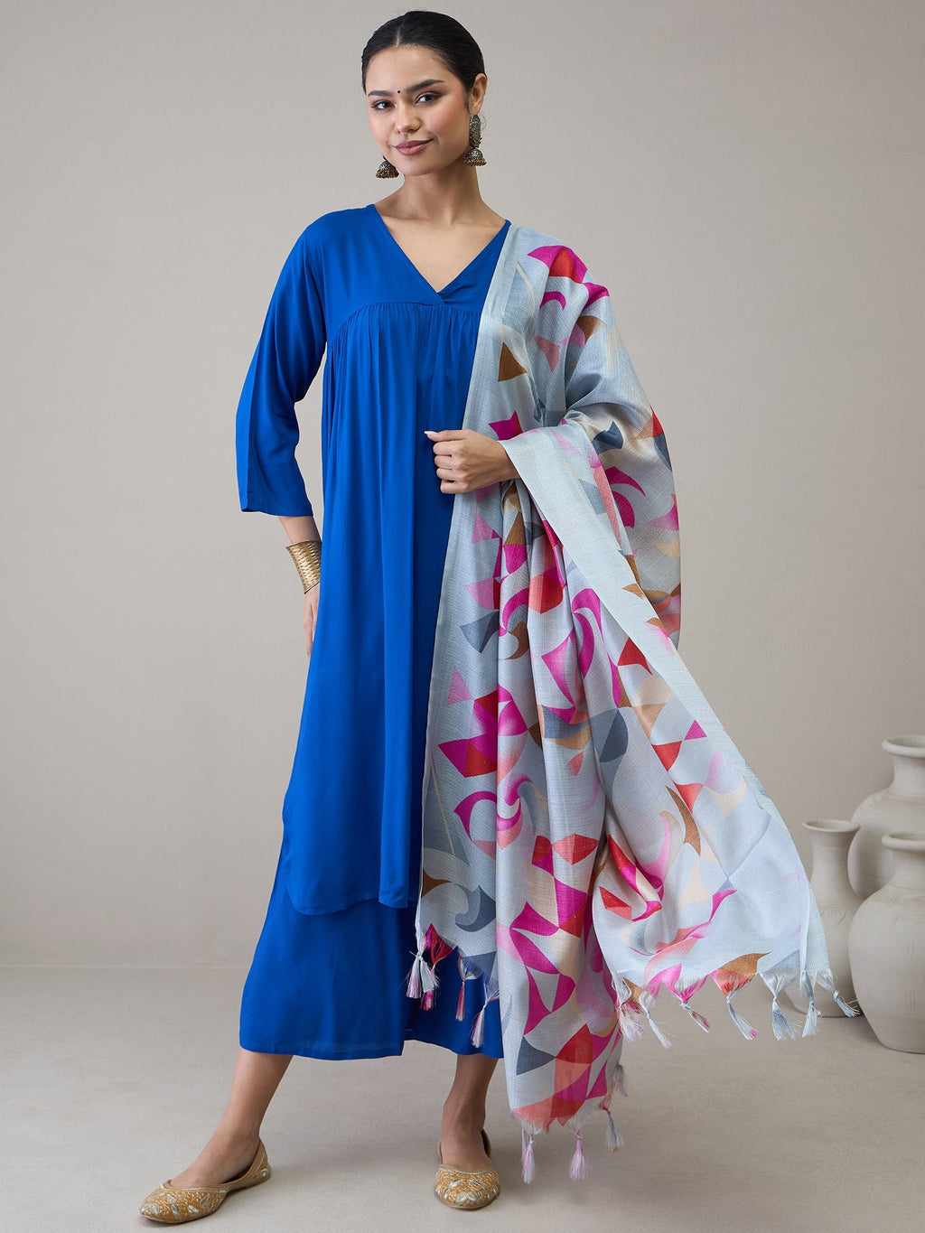 InWeave Ink Blue V Neck Flared Kurta Grey Dupatta Set | Grocsy