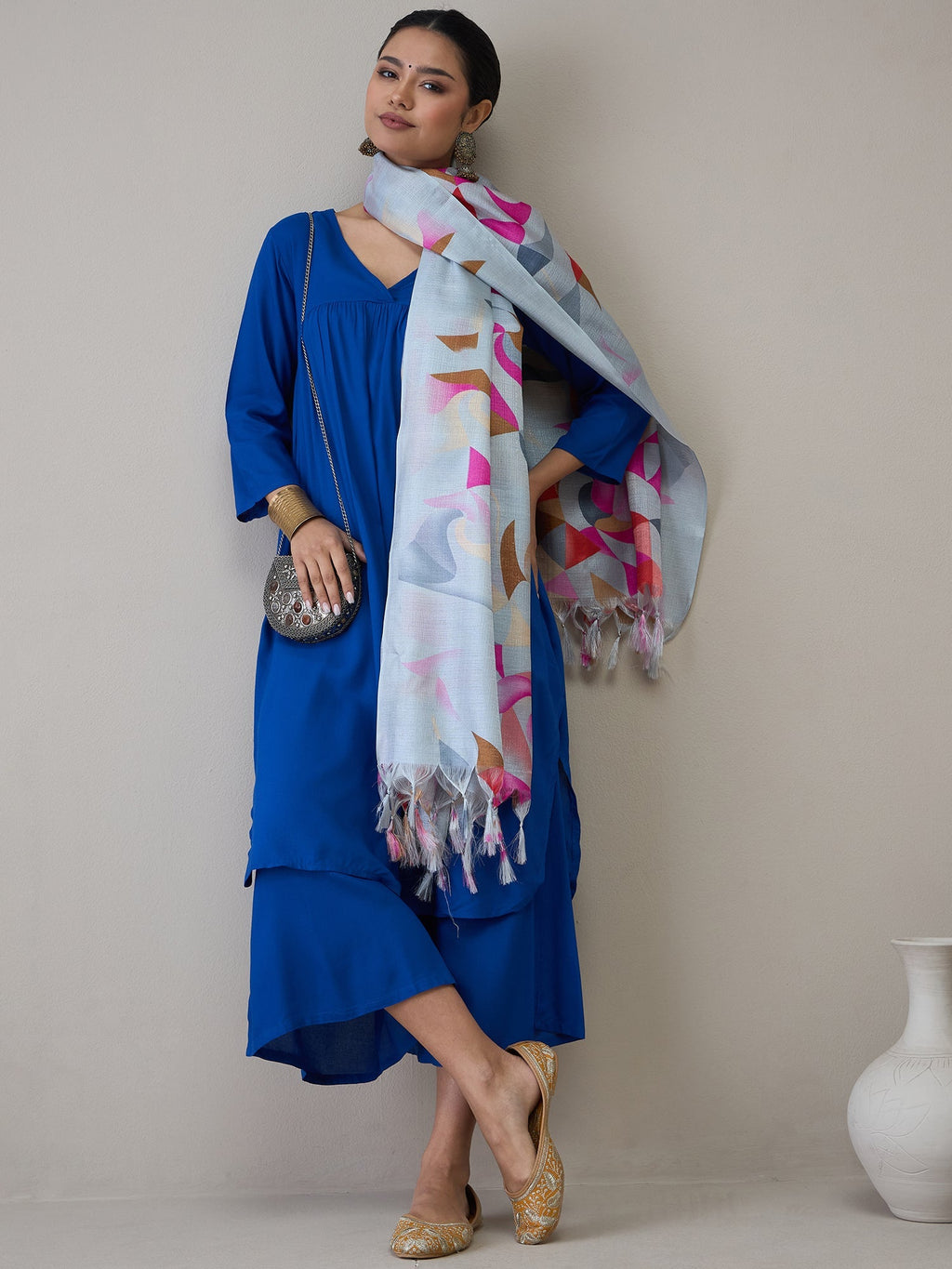 InWeave Ink Blue V Neck Flared Kurta Grey Dupatta Set | Grocsy
