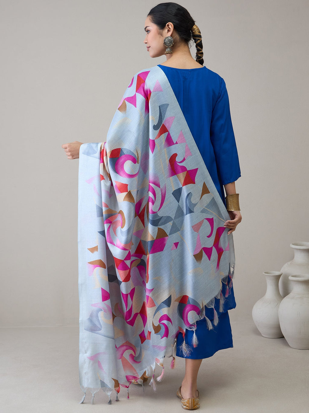 InWeave Ink Blue V Neck Flared Kurta Grey Dupatta Set | Grocsy