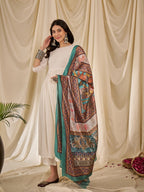 InWeave White Long Anarkali Rama Green Dupatta Set | Grocsy
