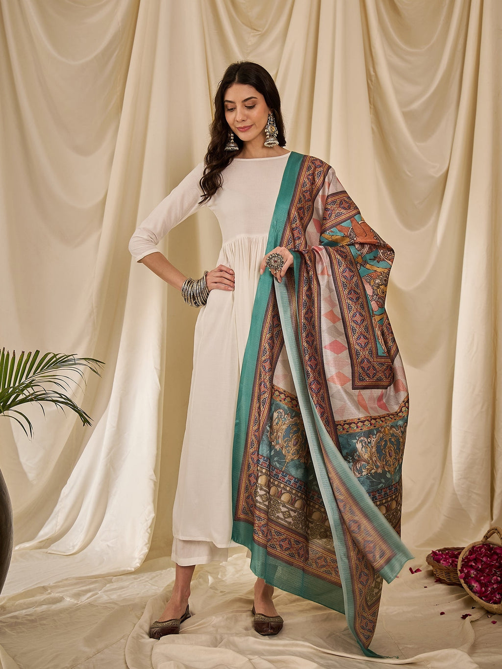 InWeave White Long Anarkali Rama Green Dupatta Set | Grocsy