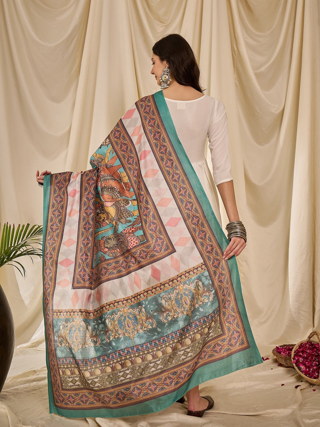 InWeave White Long Anarkali Rama Green Dupatta Set | Grocsy