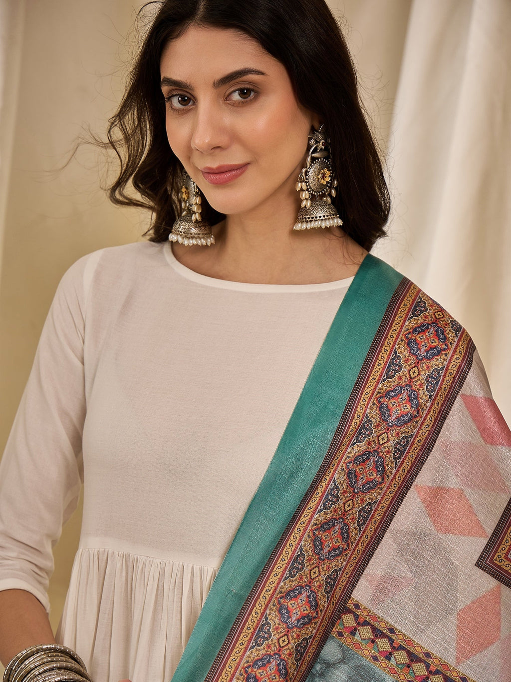 InWeave White Long Anarkali Rama Green Dupatta Set | Grocsy