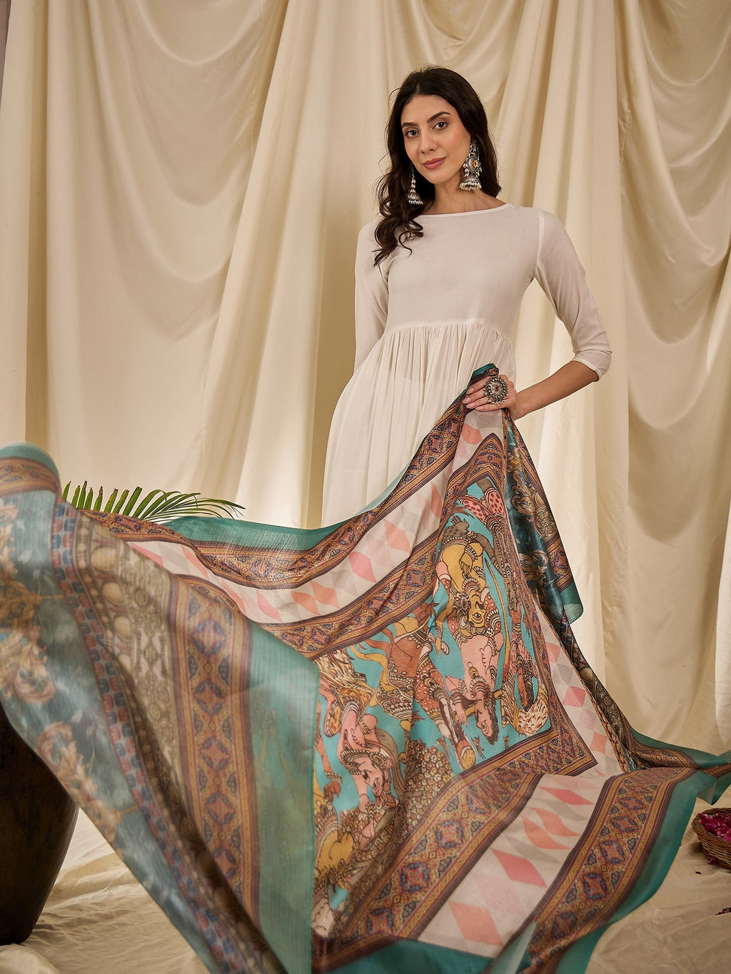 InWeave White Long Anarkali Rama Green Dupatta Set | Grocsy