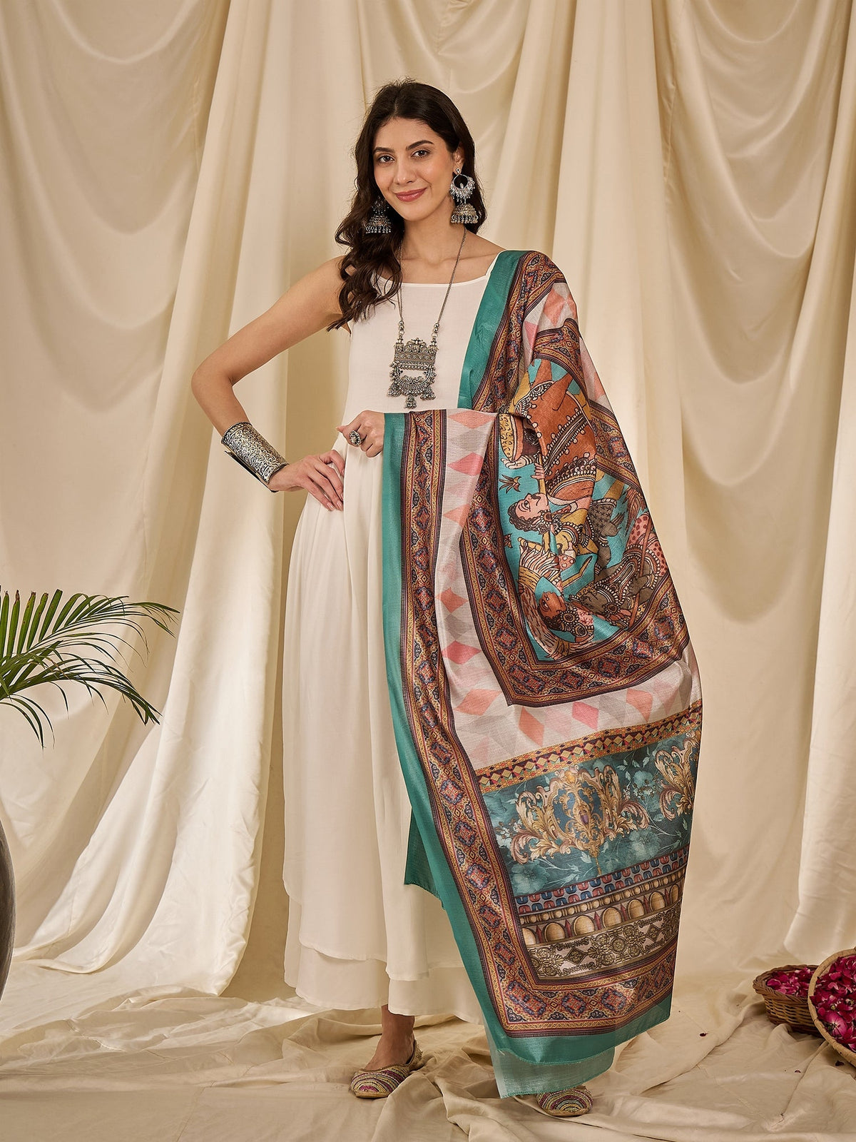 InWeave White Strappy Rama Green Dupatta Set | Grocsy