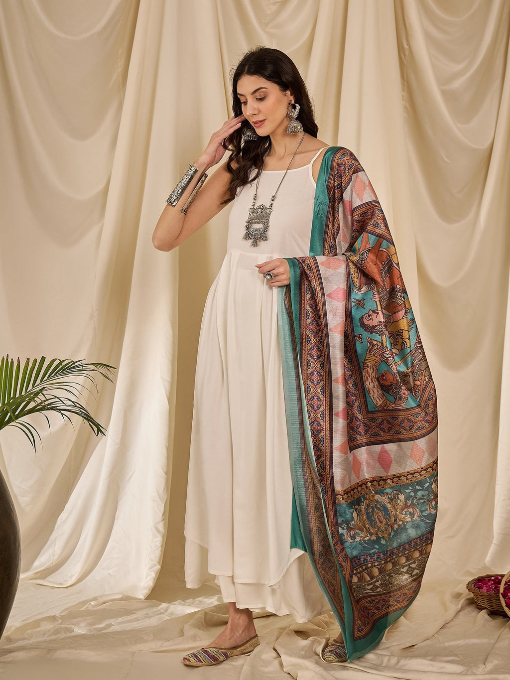InWeave White Strappy Rama Green Dupatta Set | Grocsy